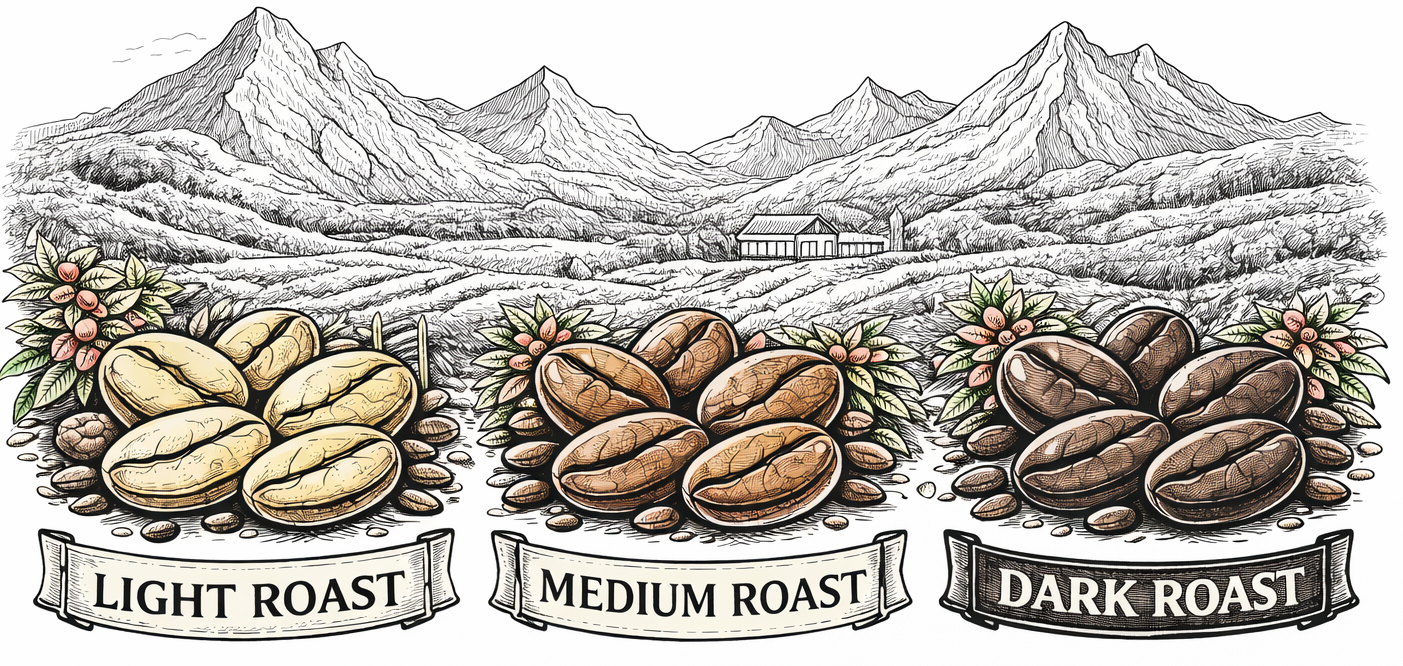 Chalkboard illustration of light, medium, and dark roast coffee