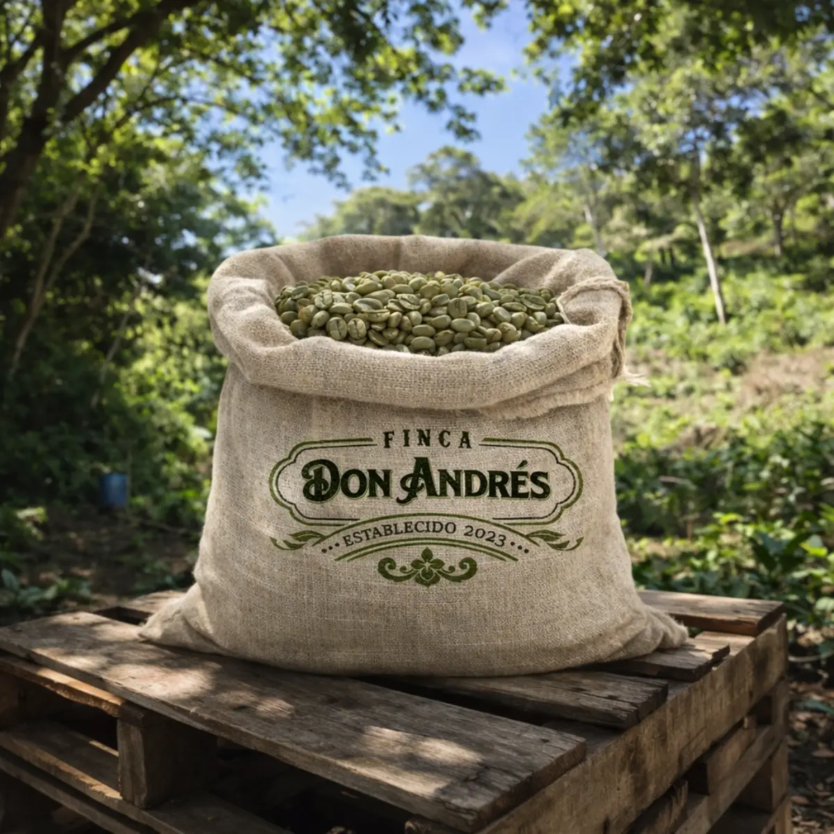 Green coffee beans in a burlap sack